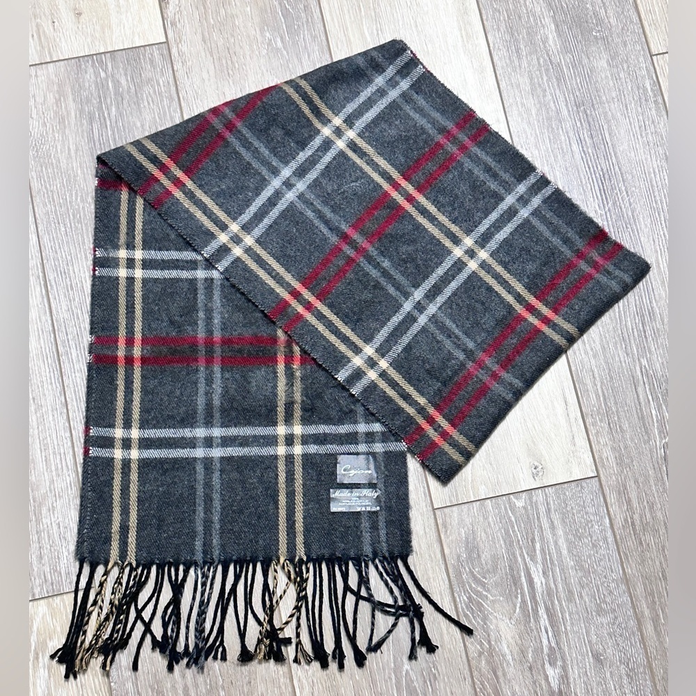 🧣 Unisex Cjon 100% Acrylic gray, red, white plaid scarf 64” long 21” wide